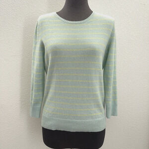 Ann Taylor 100% Cashmere Sweater Women M Green Striped 3/4 Sleeve Knit crew Neck